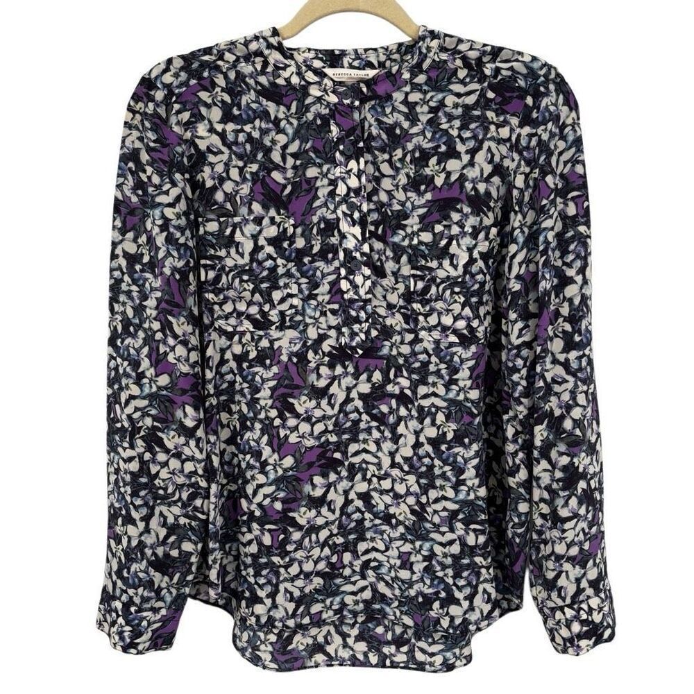 Rebecca Taylor 100% Pure Silk Long Sleeves Floral Blouse Blue/Purple/Gray Size 4